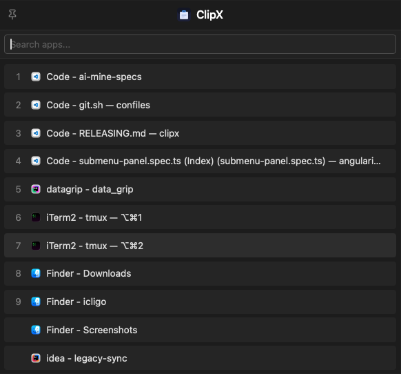 ClipX app switcher listing running apps with their icons