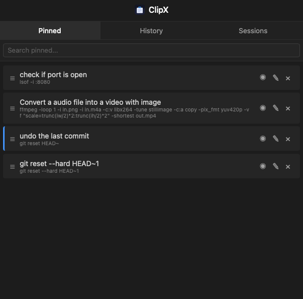 ClipX pinned items popup
