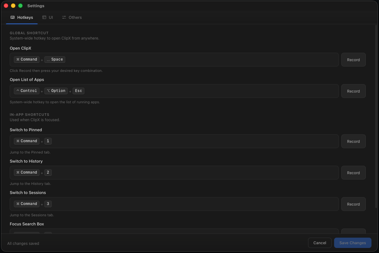 ClipX hotkey settings